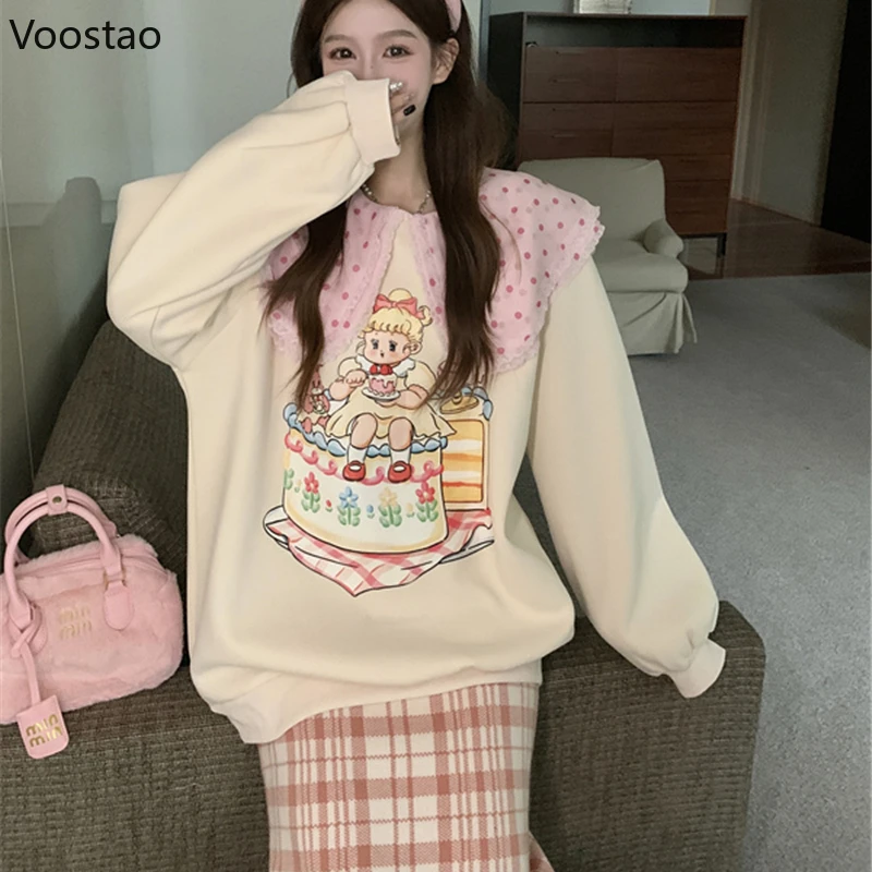 Cute Lolita Hoodies Women Sweet Peter Pan Collar Cartoon Print Sweatshirt Streetwear Y2k Pullover Tops Harajuku Moletom Feminino