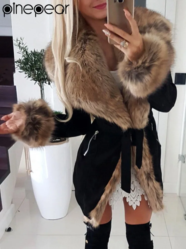 PinePear 2026 Fall Winter Belt Pocket Warm Padded Jacket Rabbit Fur Blends Wool Coat Women Slim Fit Casual Outerwear