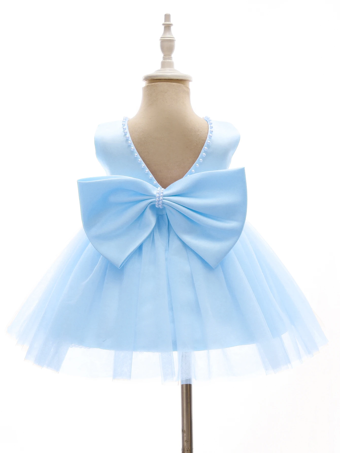 Baby Girls Beading Satin Tulle Bow Baby Baptism Wedding Party Dress