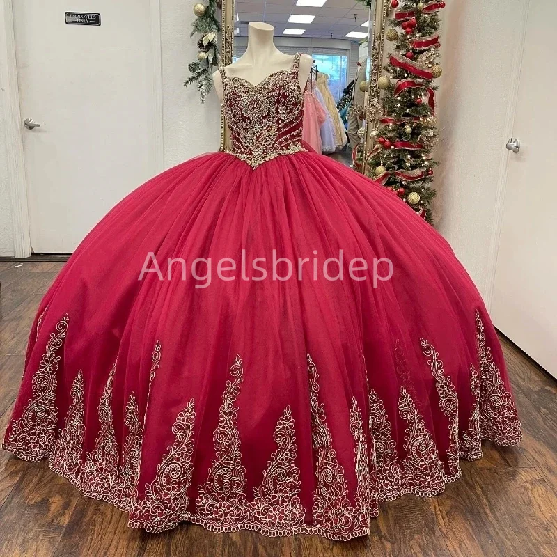 

Angelsbridep Crystals Beading Spaghetti Straps Burgundy Ball Gown Quinceanera Dresses Brithday Prom Party Vestidos De Fiesta