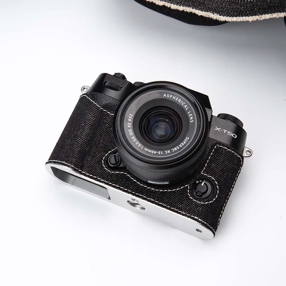 For Fujifilm Fuji X-T50 Case Vintage Denim Material Handmade Protective Case XT50 Half Case Bag X T50 Camera Bag with Metal Base