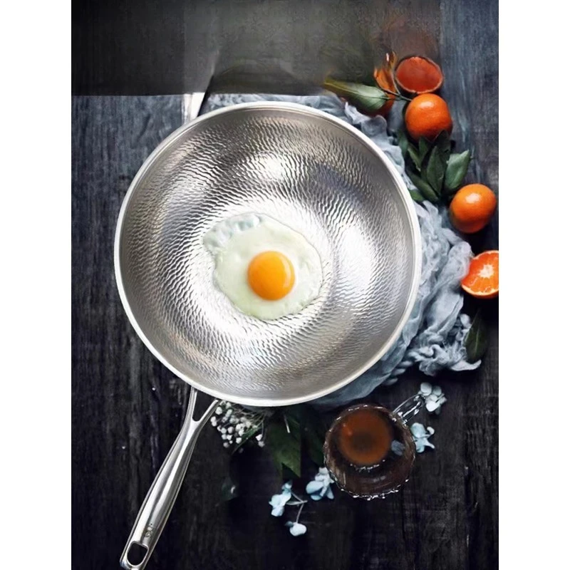 Hammer pure titanium wok, uncoated round bottom, not easy to stick to the pan, titanium, household