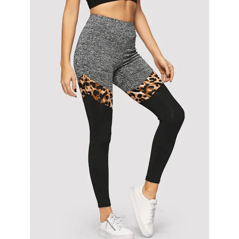 Krisnanas Leopard Print Sporty Pants for Women 2025 Skinny High Waist Patchwork Hip Fitness Workout Breathable Yoga Pants 29763