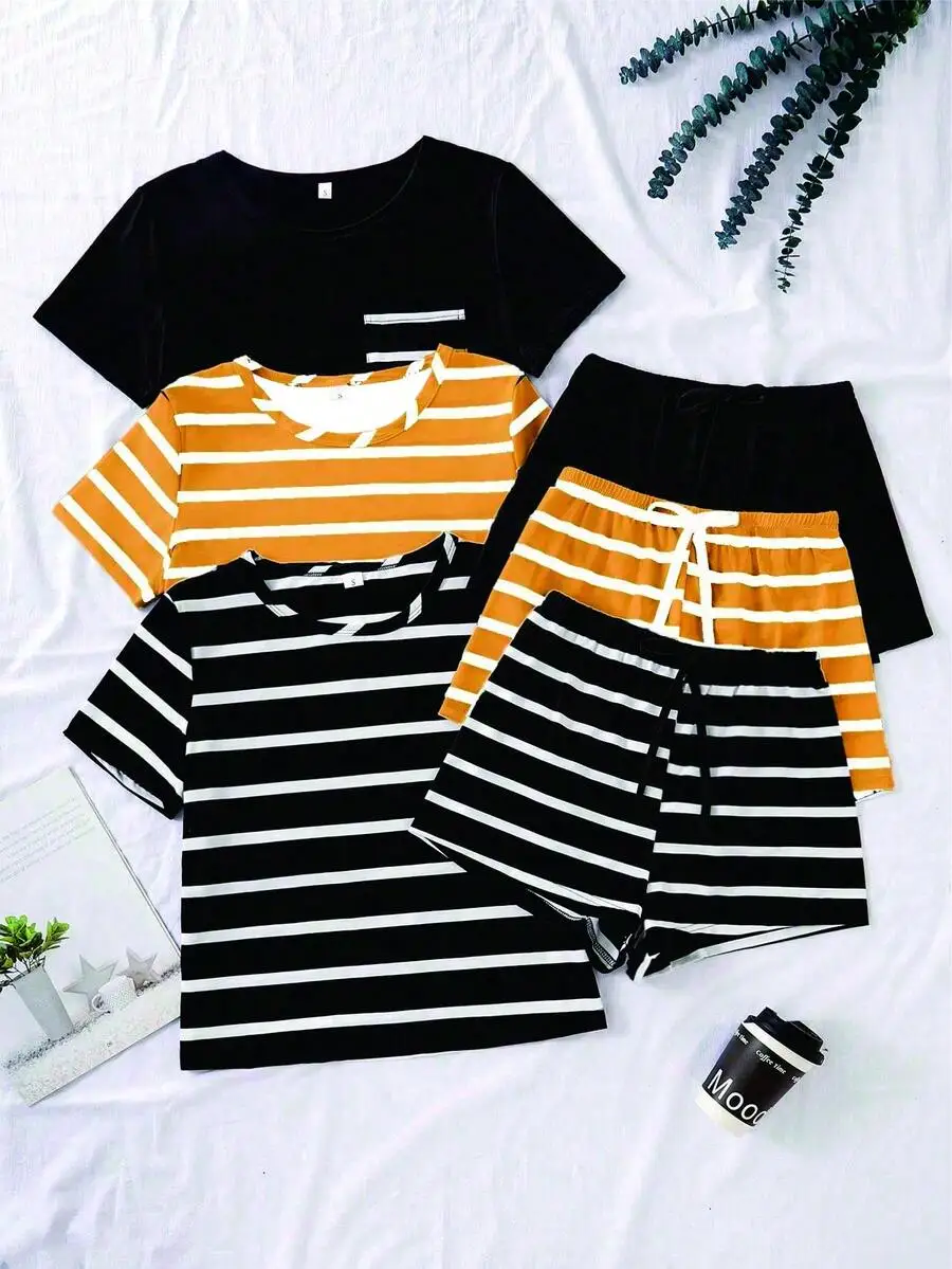 

Womens 3-Piece Striped Casual Short Sleeve Pajama Set With Shorts