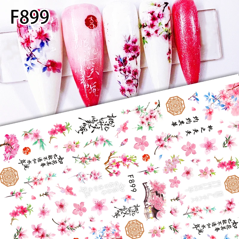 Chinese Characters Letters 3D Nail Sticker Wintersweet Lotus Flowers Crane Bamboo Leaf Sliders For Nails Cherry Decals Manicure