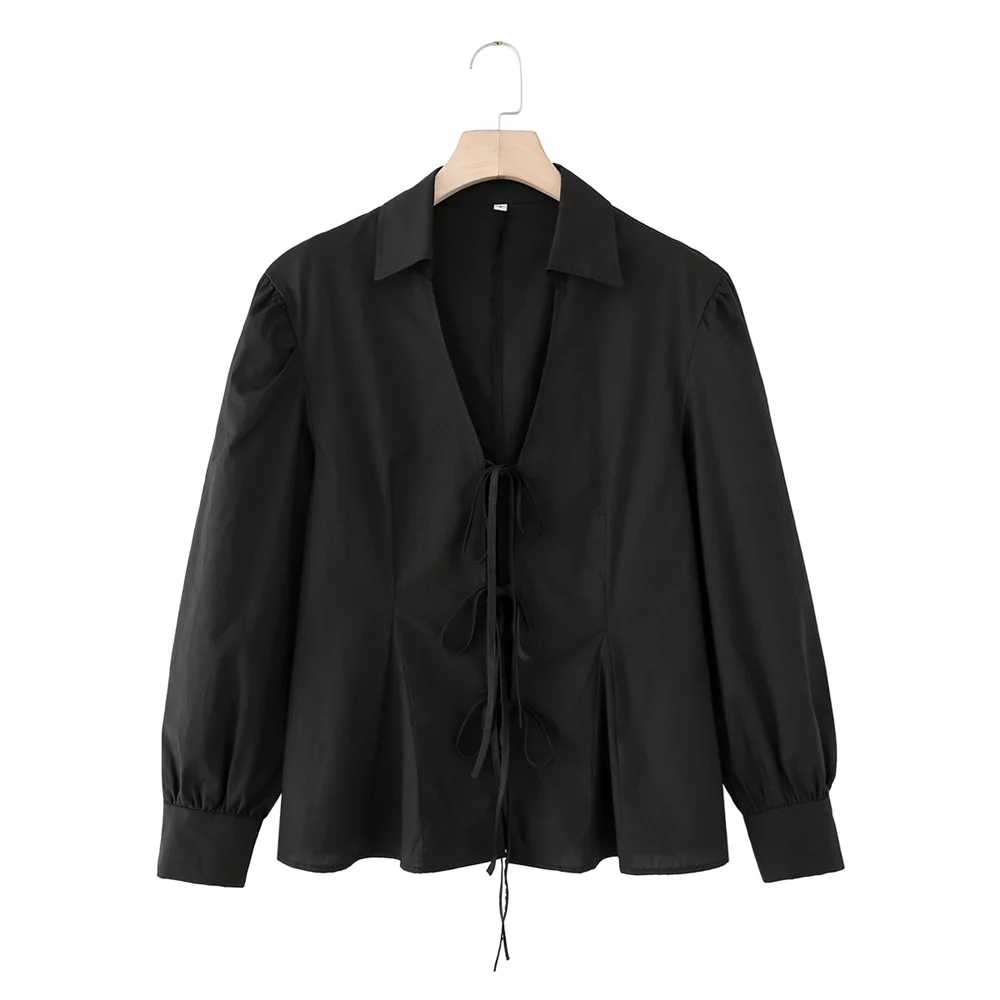 Jesienno-zimowa nowa odzież damska, bardzo prosty styl, koszula z kołnierzykiem, długim rękawem i ozdobną kokardą, wykonana z popeliny.