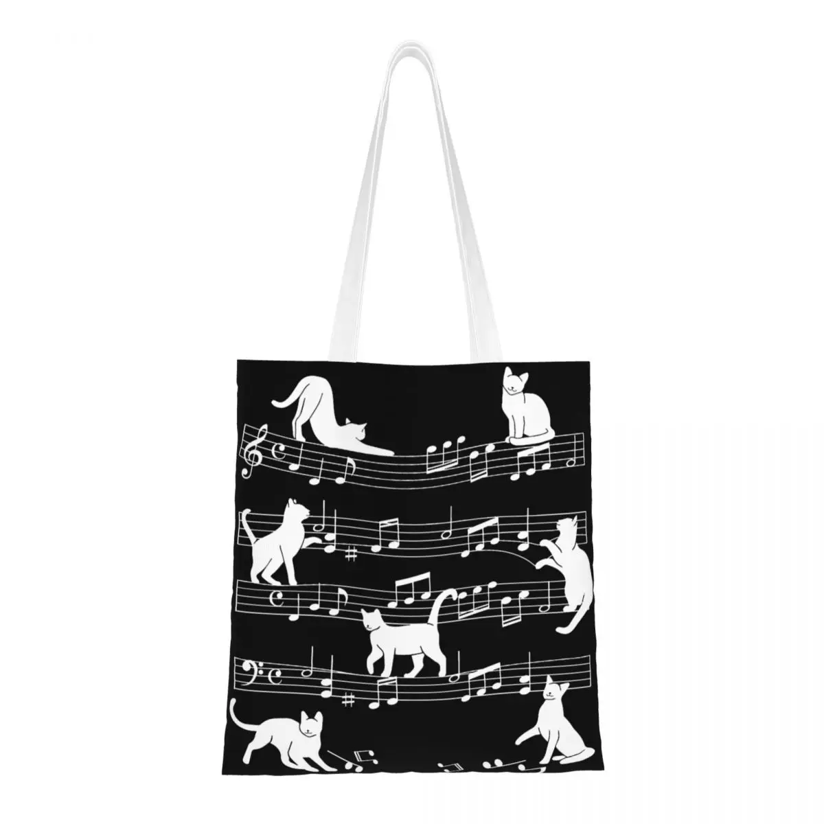 Cat Playing With Musical Notes Canvas Tote Bag Eco-Friendly Large Capacity Shopping Bag for Unisex Musical Cats Student Bags