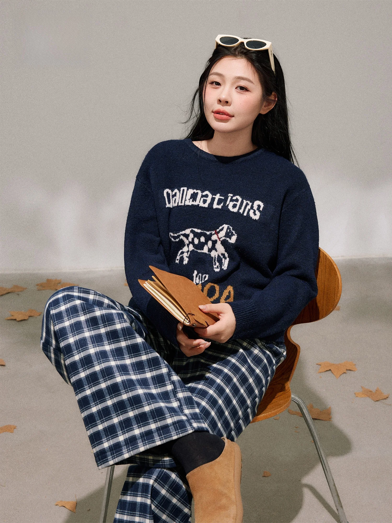 

plus Size Women's Fashion Set Casual Plaid Blue Sweater High Waist Long Pants Korean Style for Plump Sister Comfortable Winte...