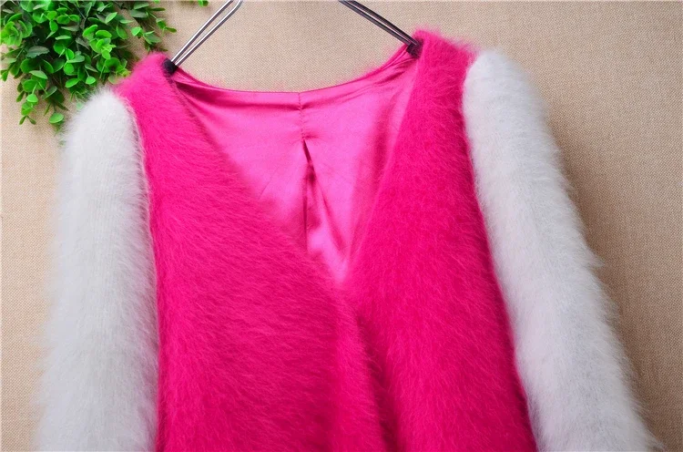 Female Women Fall Winter Pull Rose Hairy Mink Cashmere Knitted Long Sleeves V-Neck Slim Cardigan Angora Fur Jacket Coat Sweater