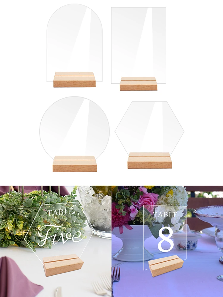 1Set Place Card Table Sign Holder W/ Wood Stand Clear Acrylic Table Sign Roman Numerals Reception Stand For Wedding Party Decor