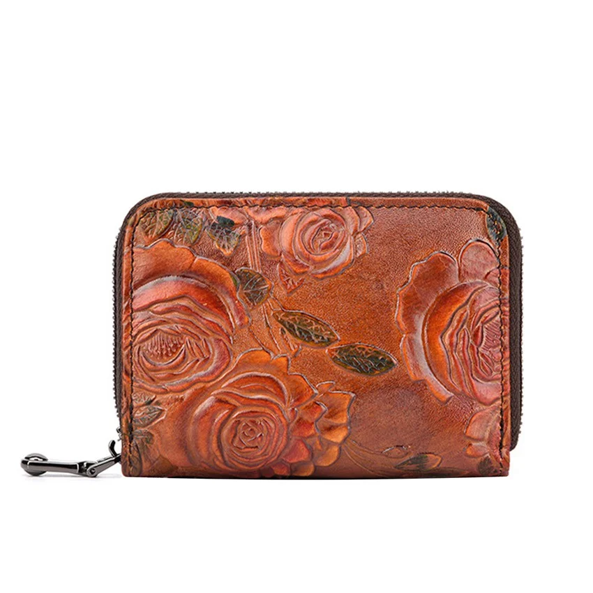 Retro Women's  Zipper Wallet Cow Leather Clutch Wallet Billfold Multi-Card Wallet Credit Card Holder Notecase