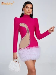 Modphy Bandage Dress Rose Red Long Sleeve Turtleneck Diamond Mesh Hollow Sexy Mini Party Ball Gowns Women's Party Short Dress