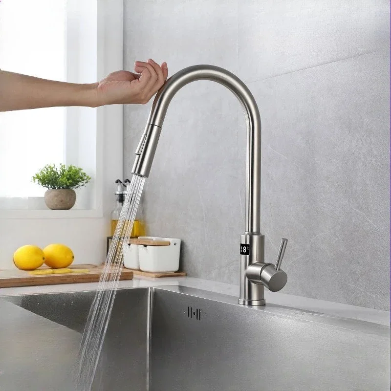 Household smart kitchen touch stainless steel brushed digital display hot and cold rotatable pull-out sink faucet