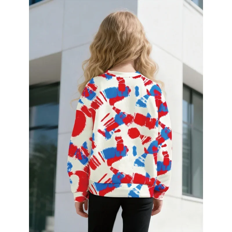 سويت شيرت كاجوال للأطفال موديل 2025 برقبة دائرية - قميص بأكمام طويلة مطبوع عليه رسومات فنية تجريدية باللونين الأحمر والأزرق للفتيات والفتيان #2