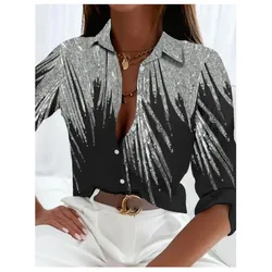 New women's long sleeved lapel shirt with personalized printed pattern buttons elegant fashionable and comfortable top for women