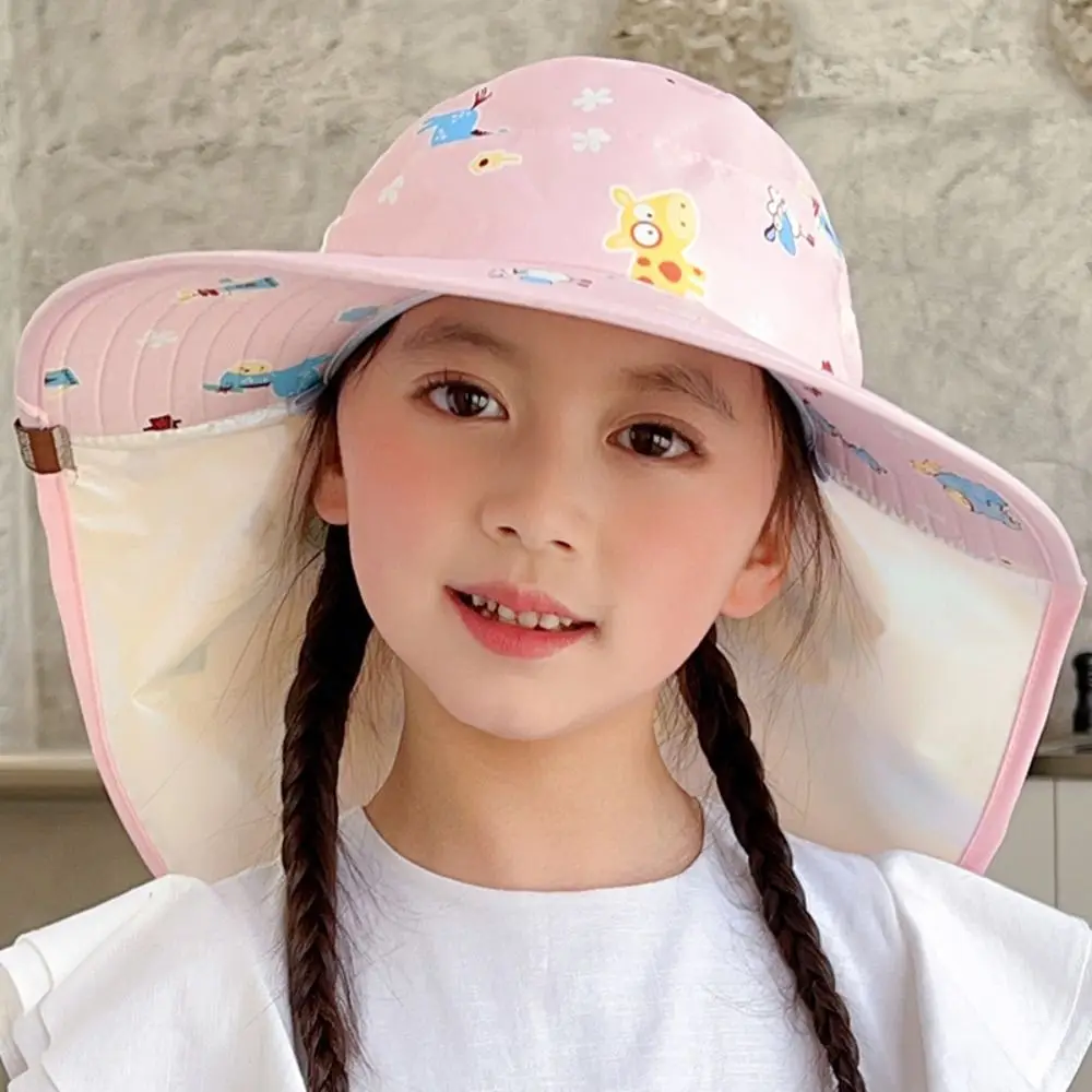 

Cute Cartoon Print Bucket Hat UV Protection Empty Top Sun Cap with Whistle Breathable Beach Shawl Hat
