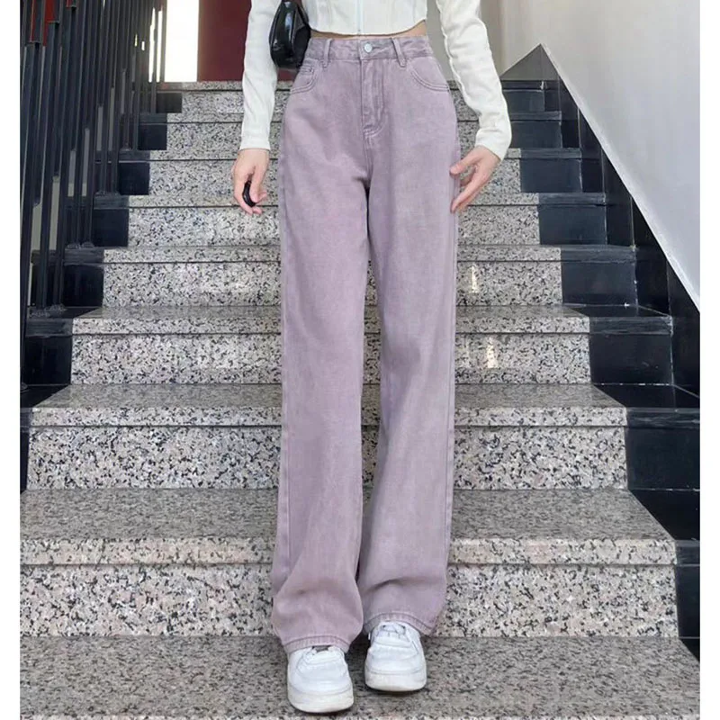 

Spring Female High Waisted Purple Wide Legs Denim Pants Ladies Student Loose Mop Trousers Women Make Old Straight Cylinder Jeans