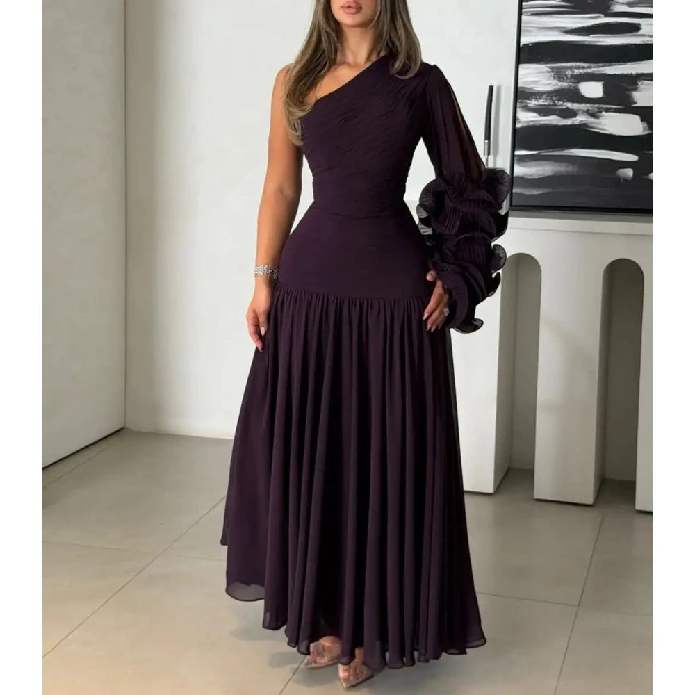 

Grape Purple Prom Dress Fashion One Shoulder Long Sleeve Pleated Chiffon Ankle Length Party Dress A Line Evening Gown Customized