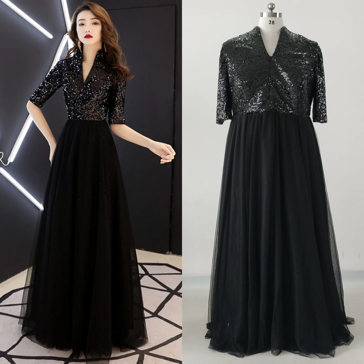 

Feelingarden Plus size Black Evening Gowns Sequins V-neck Half Sleeves A-line Floor-length Women Party Dress Vestidos De Fiesta