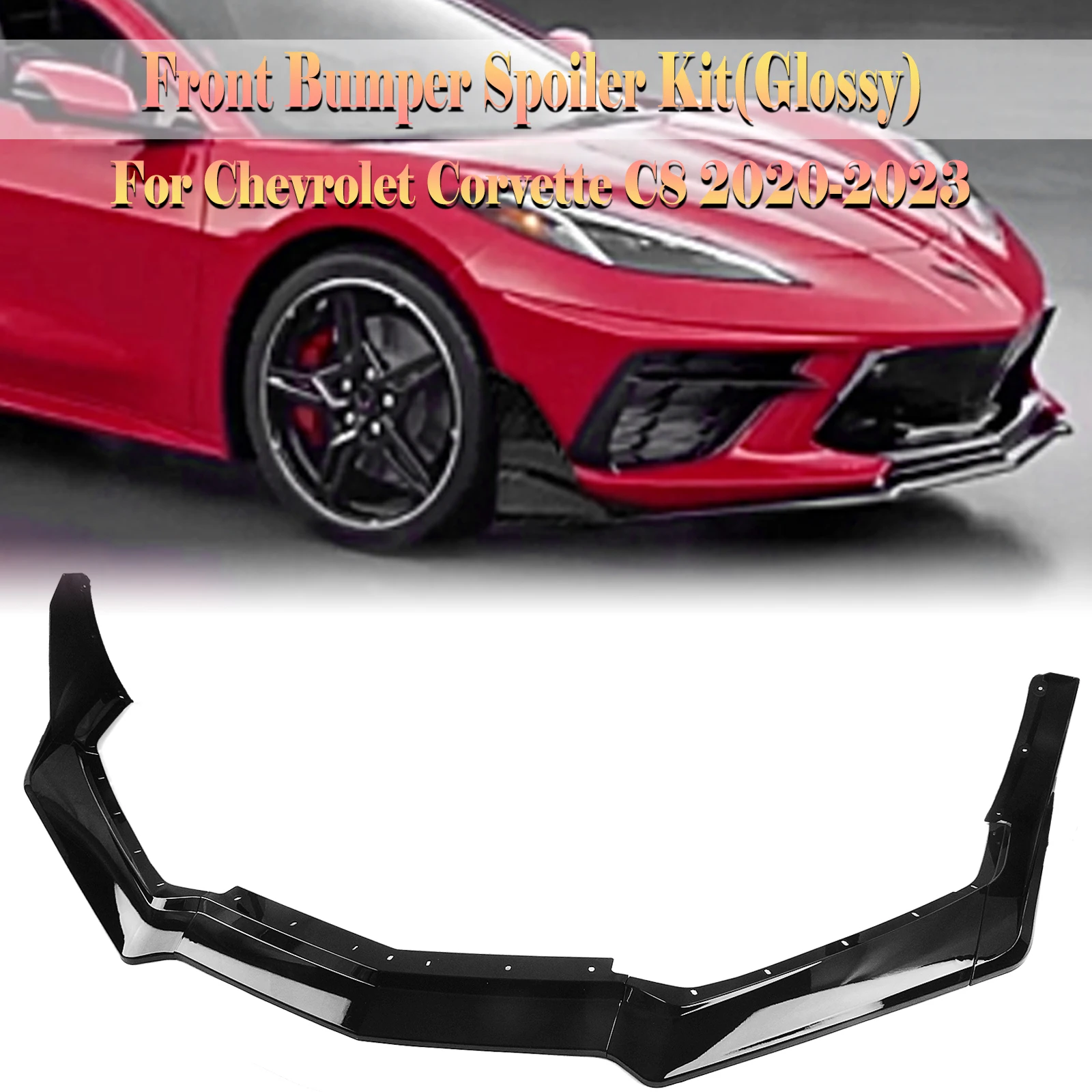 Front Bumper Spoiler Lip Splitter For Chevrolet Corvette C8 All Models 2020 2021 2022 2023 2024 Carbon Fiber Look/Gloss Black