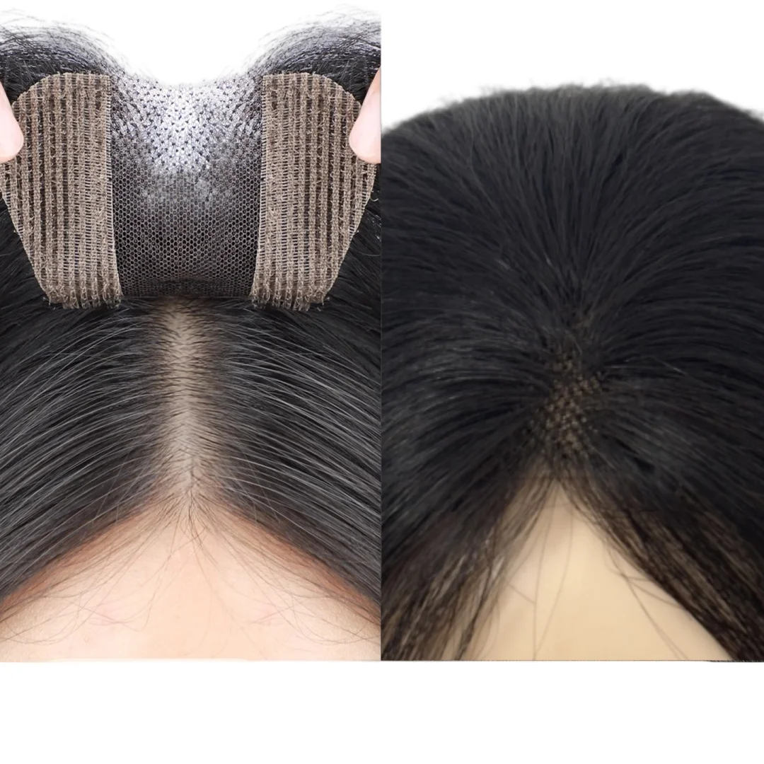Magic Paste Human Hair Toppers for Women No-Clips Natural Bangs Fringe Invisible Hairpiece Seamless Cover Thinning Hair Loss