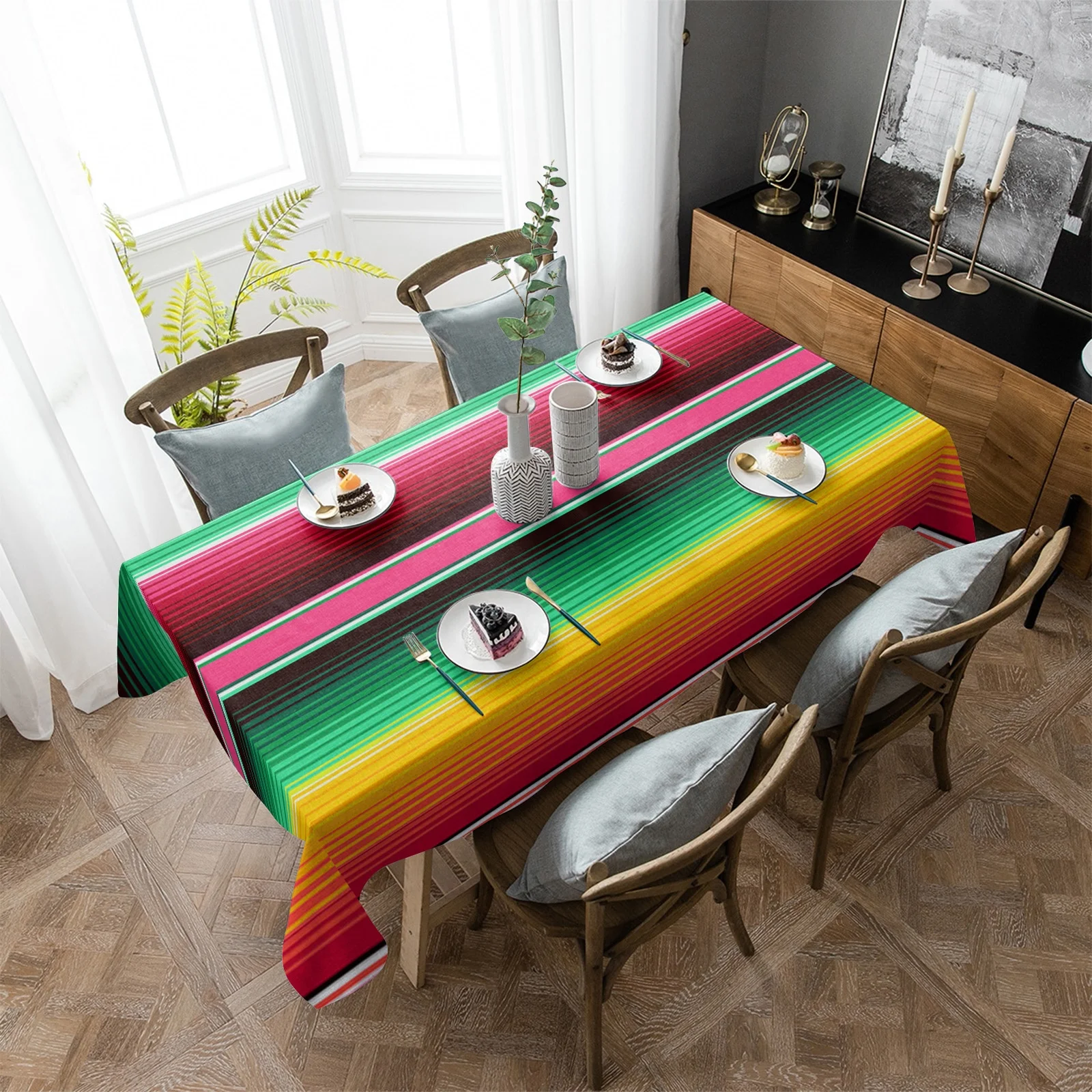 Mexican Colorful Striped Tablecloth Mexican Ethnic Tablecloth Linen Stain Resistant Kitchen Table Decoration Picnic Mat