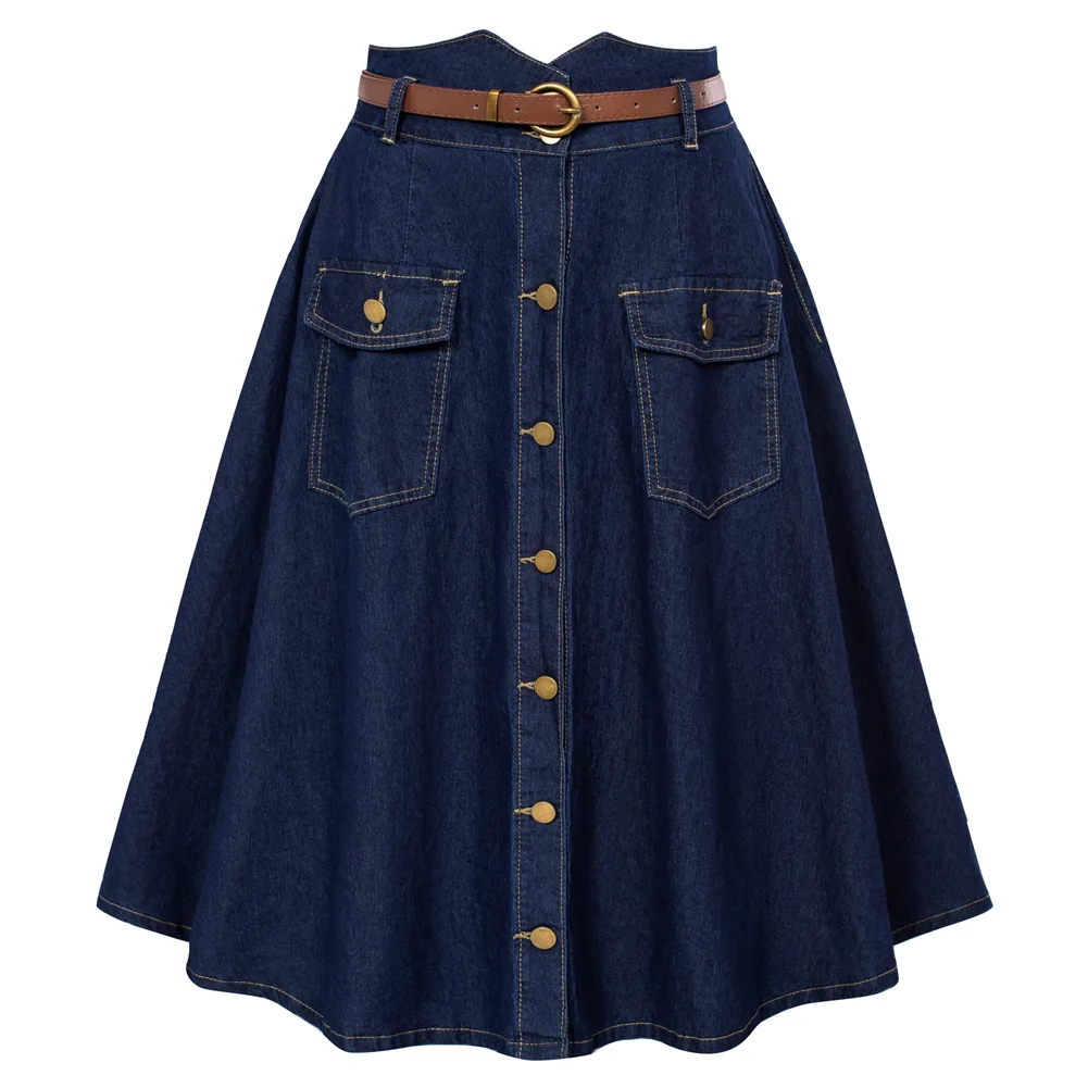 

Belle Poque Women's Vintage Stretch High Waist A-Line Flared Midi Skirts With Pockets & Belts Elegant Button-up Jean Skirt A30