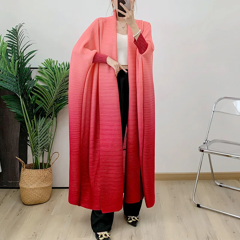 

Miyake Pleated Bat-Sleeved Trench Coat for Women, Loose, Plus Size, Arabic abaya, 2024