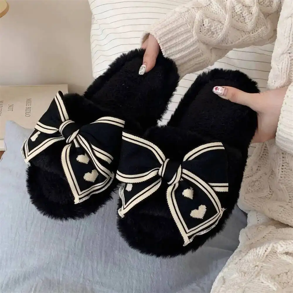 Women's Furry Slippers Ins Style Heart Bow Design Autumn Winter Home Flat Slide Indoor Household Cotton Slippers