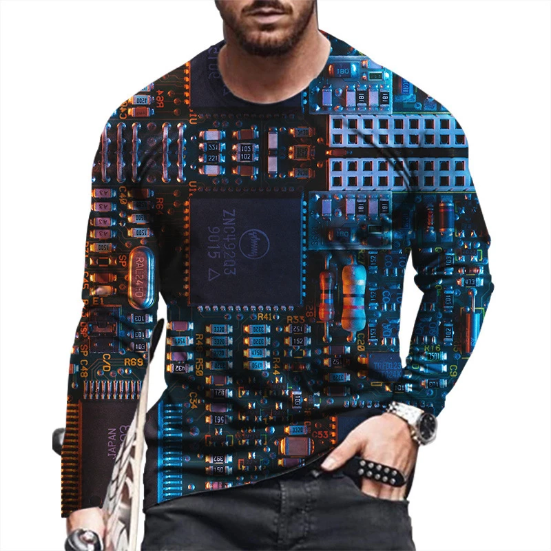 Men's 3D Printed Long Sleeve T-shirt Casual Fashion T Shirt With Circuit Board O Neck Loose Sports Tshirt Punk Style Streetwear