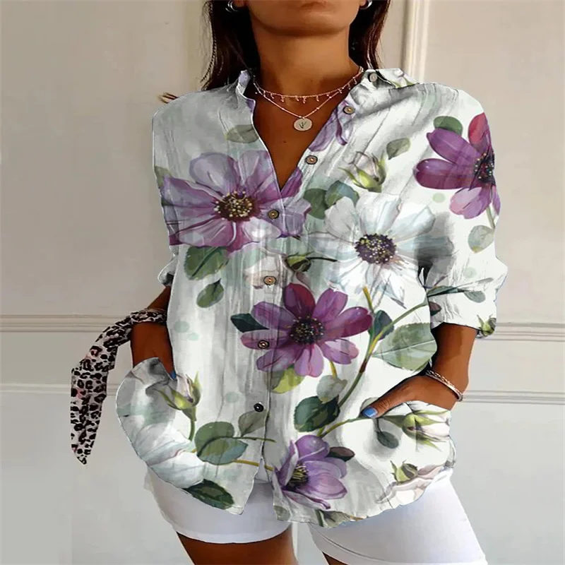 2024 New Women\'s Long Shirt 3D Digital Printing Women\'s Casual Drop Shoulder Sleeve Shirt Retro Floral Shirt Top