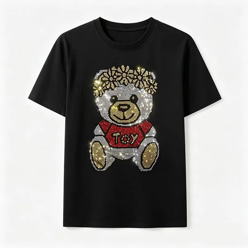High-quality cotton women's summer short-sleeve T-shirt with a rhinestone teddy bear design, unisex