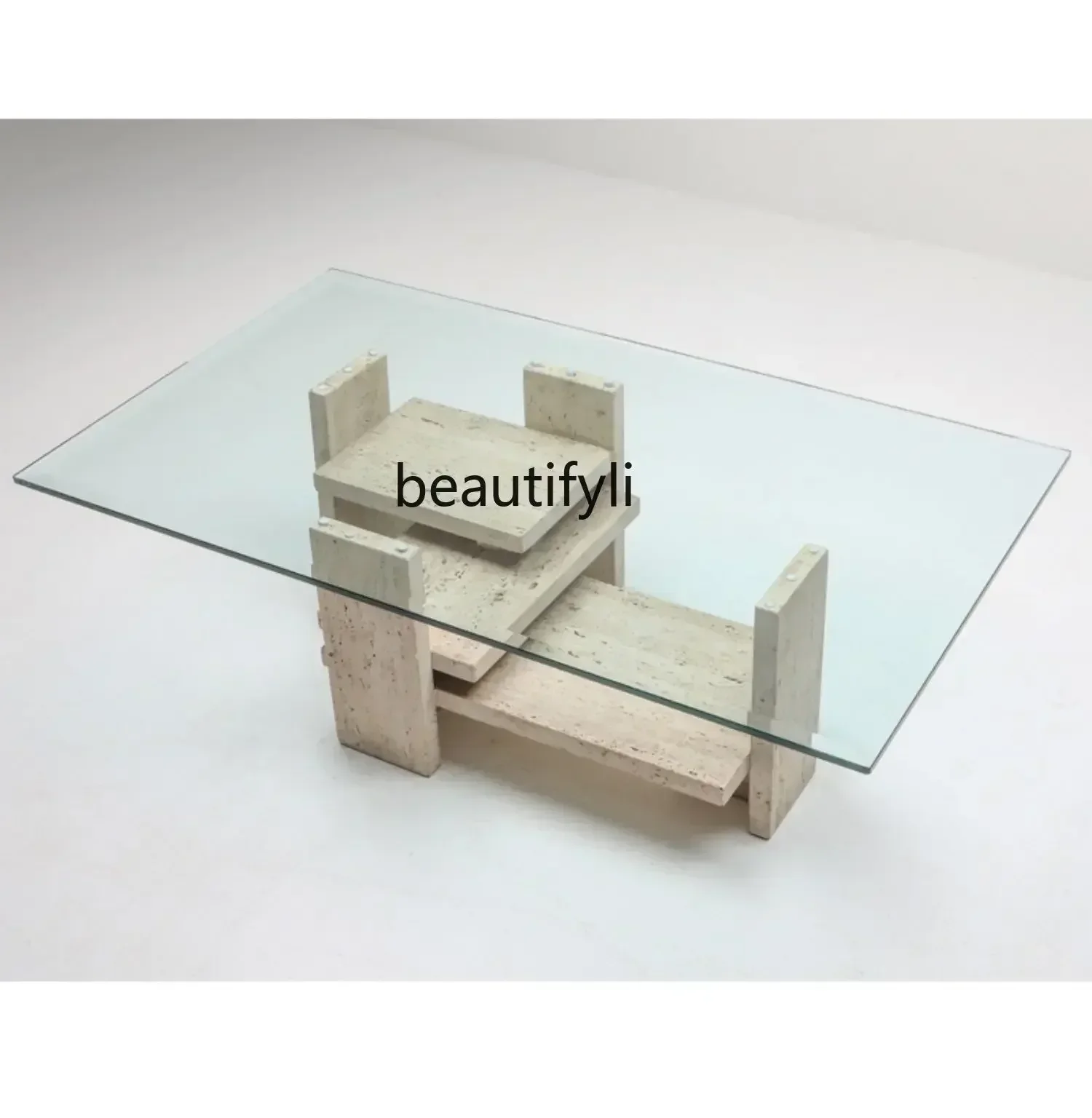 03.Yuan'an Wabi-Sabi Style Irregular Stone Base Rectangular Glass Coffee Table Living Room Coffee Table