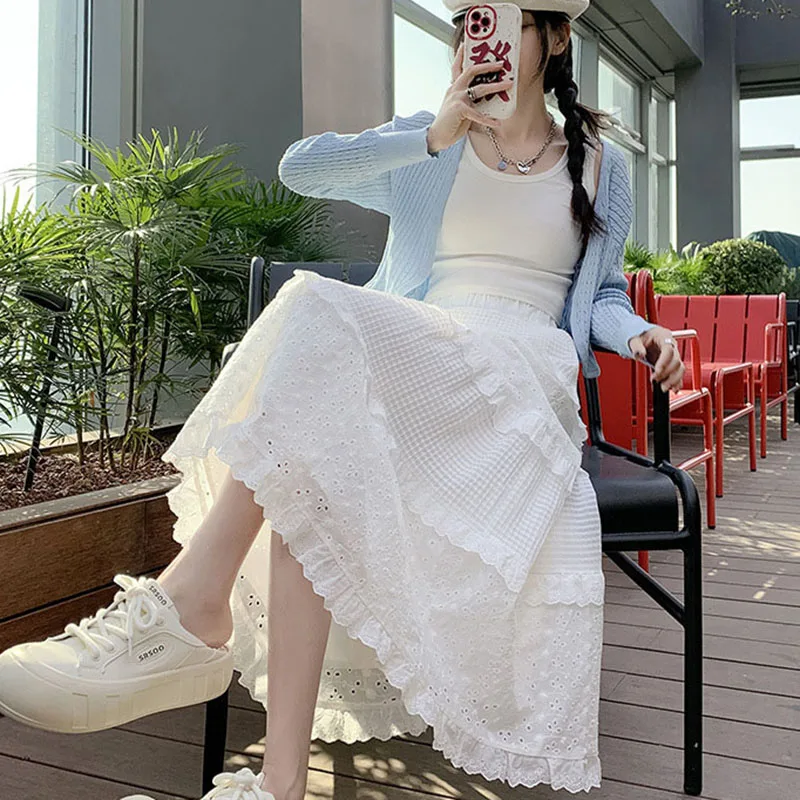 Jupes mi-longues décontractées en dentelle blanche pour femmes, taille haute, ligne A, longues, élégantes, minces, vêtements féminins, style preppy
