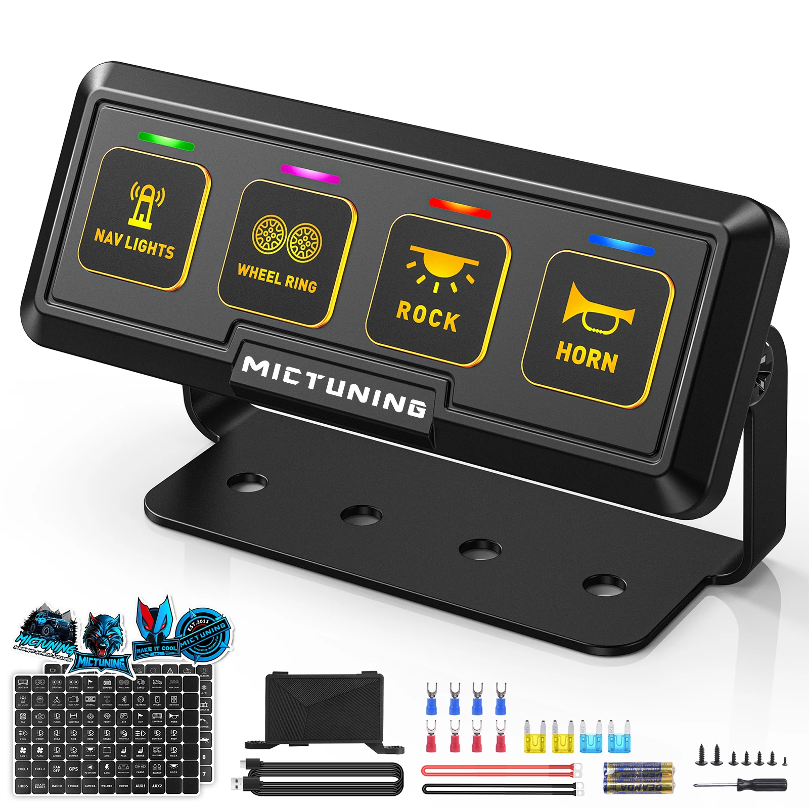 

MICTUNING BB40 4 Gang Wireless Switch Panel,164FT Control Range Auxiliary ON-OFF Relay Circuit Box,AAA Batteries/USB Powered