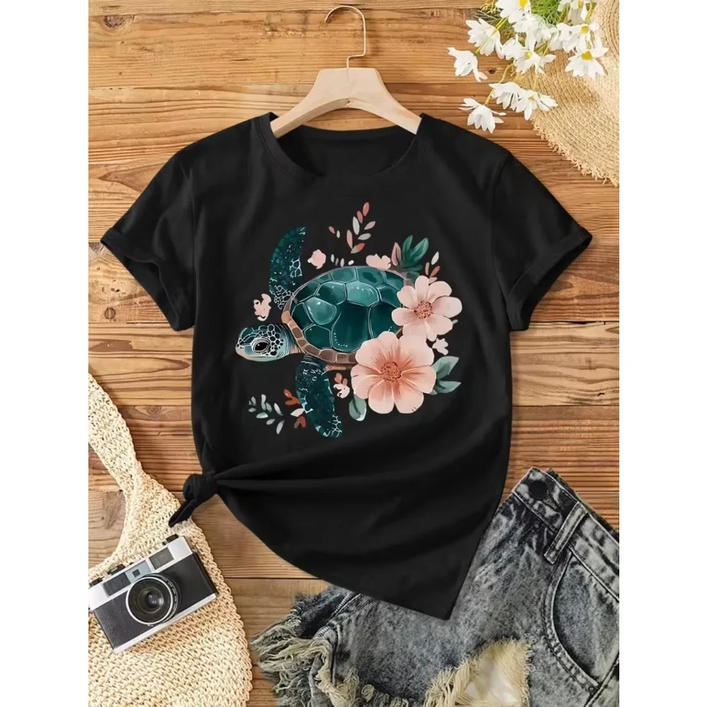 Men Women Vintage Floral Turtle & Peach Blossom Print Short Sleeve T-Shirt Soft Stretch Round Neck Casual Top for Spring Summer