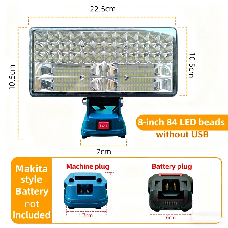8" draadloze LED-werklamp Draagbare LED-zaklamp voor werk Kamperen Buiten 2 niveaus verstelbaar LED-licht voor Makita-batterij