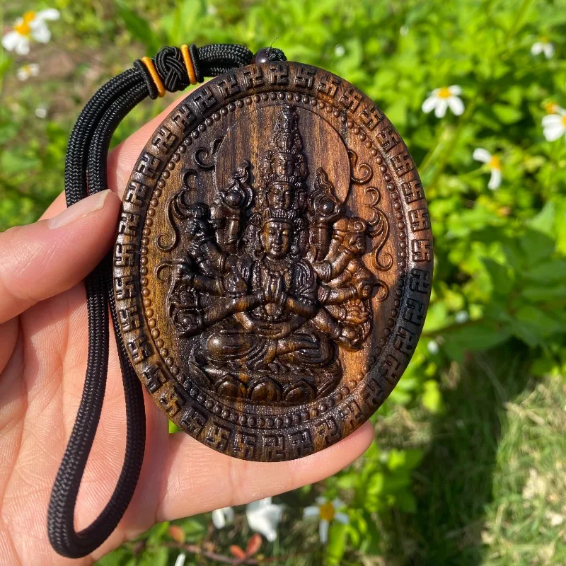 Hand Carved wood Thousand-Hand Guanyin Pendant Charm - Round Spiritual Protection Zodiac Guardian Car Bag Ornament Gift