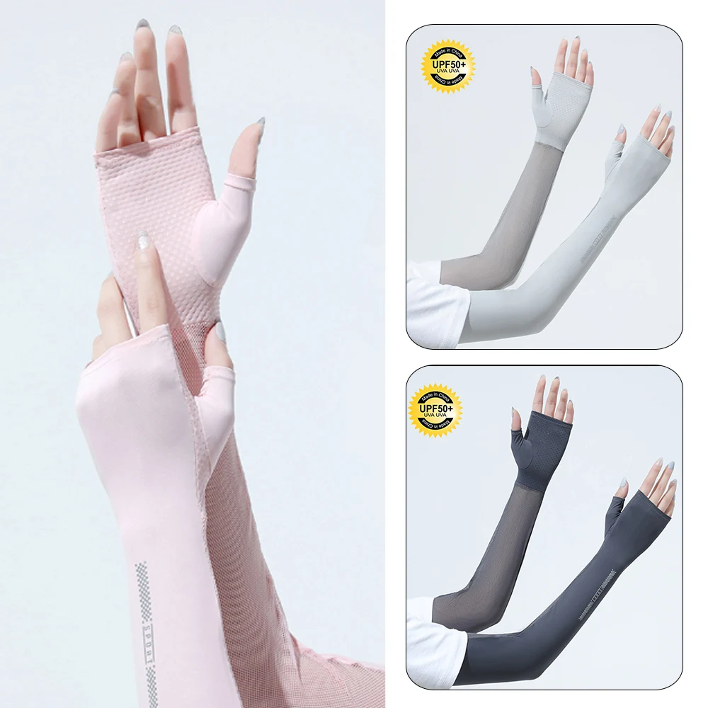 Anti UV Solar Arm Sleeves Woman Men Cycling Driving  Half Fingerless Gloves Mesh Cool Cuff Summer Ice Silk Elastic Arm Cover