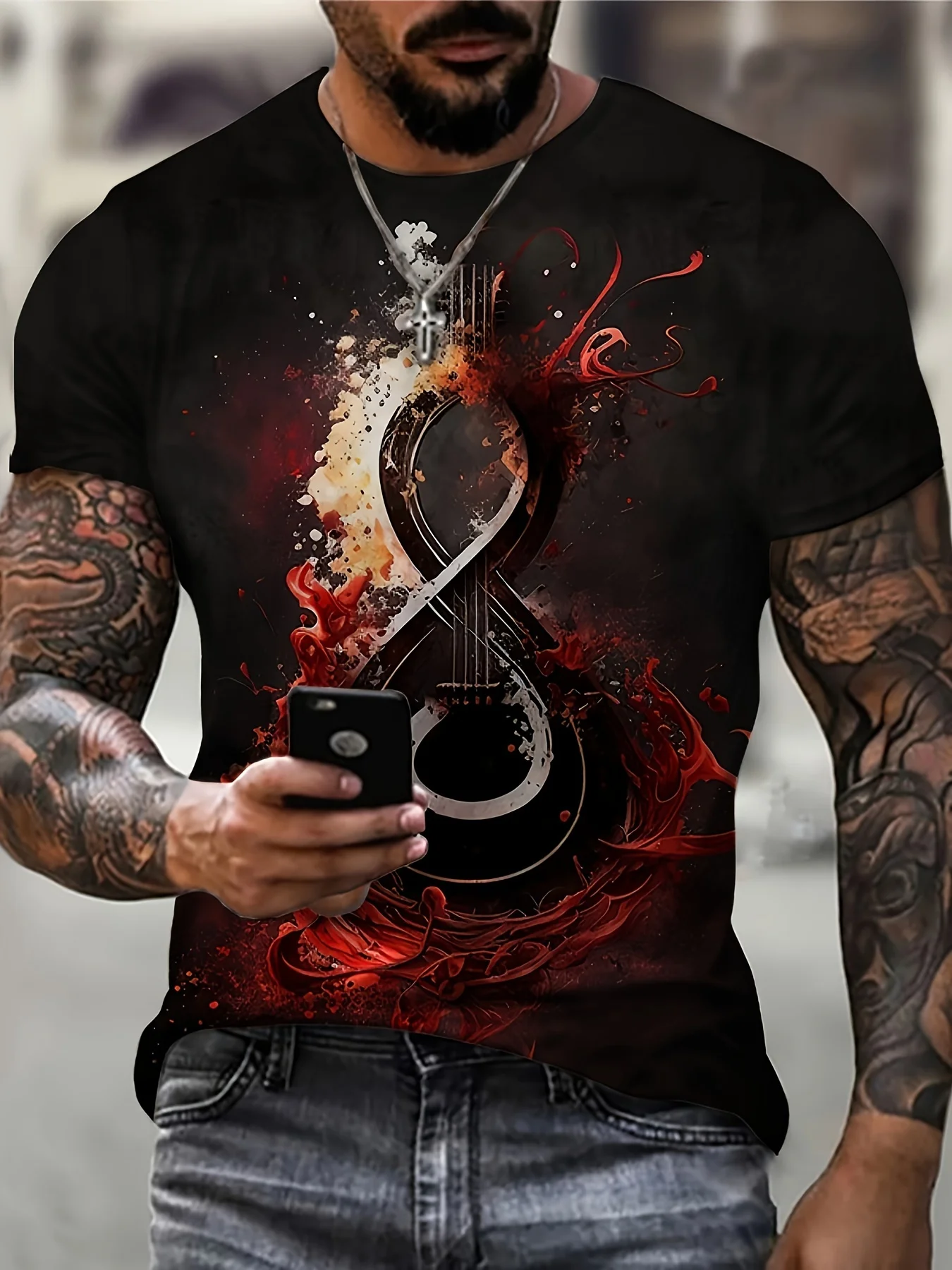 

2024 new Black T-shirt with musical instrument printed short sleeve for men