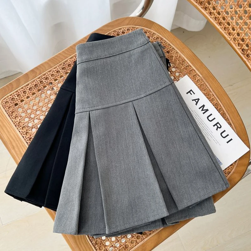 Grey Pleated Skirt Women Summer High Waist Solid Dance Skirts Korean Slim All-match Mini Skirts New