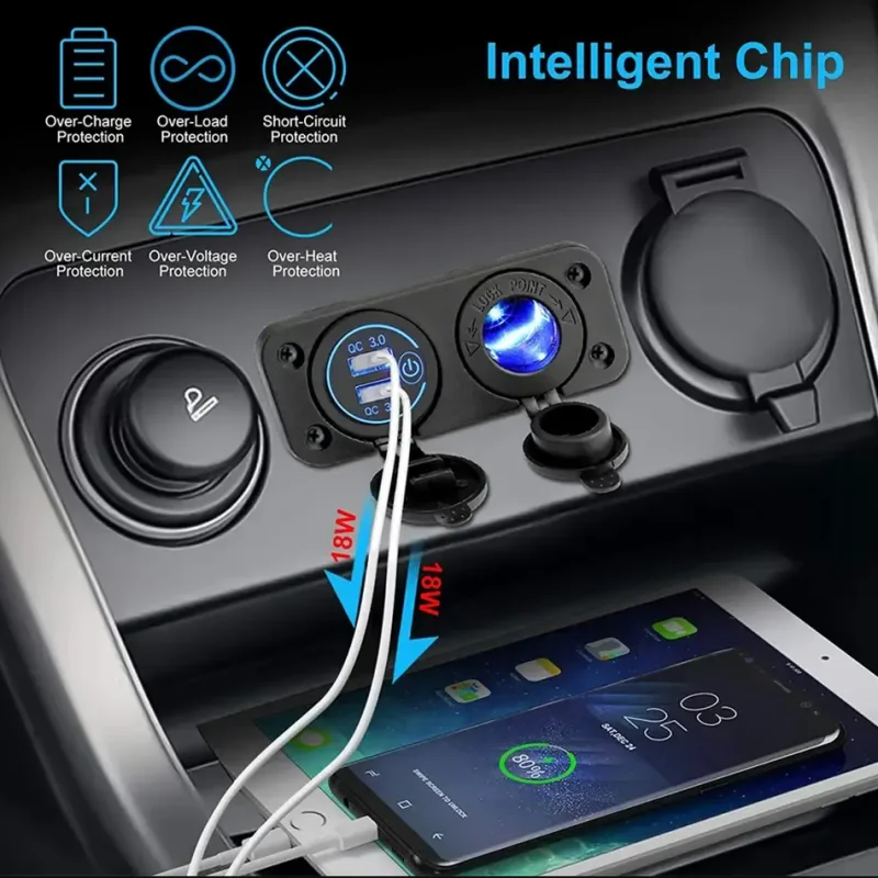 2 in 1 Car Cigarette Lighter Socket adapter with Dual QC 3.0 Twin USB Ports and Touch Switch 12V 24V