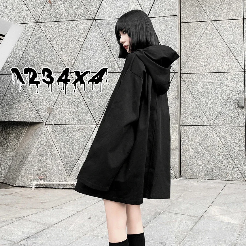 Trench Women Harajuku Black Dark Style BF Hooded Cool Girls Loose New Spring Kroean Fashion Students Chic Streetwear Coats Femme