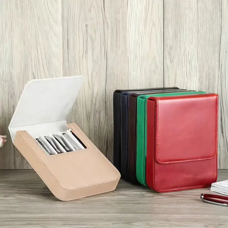 Retro Crazy Horse Cowhide Leather Colorful Pen Case 6-pack Handmade Magnetic Student Pen Storage Box Travel Portable