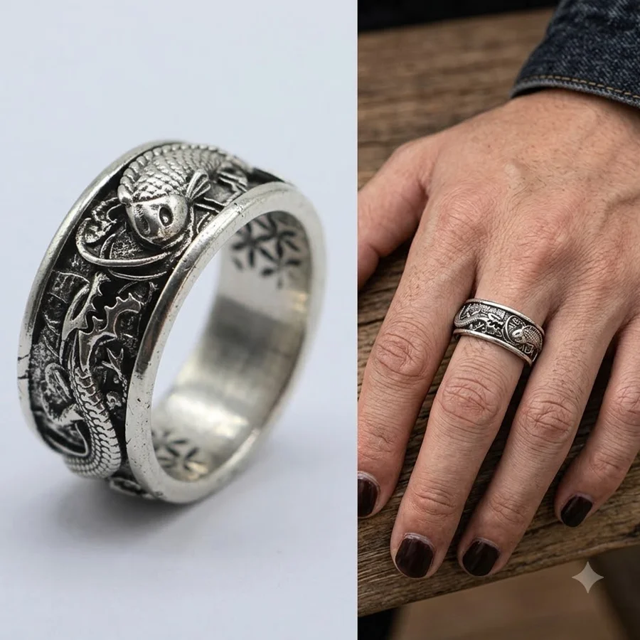 Buy 4 Get 1 Free Stainless steel Rings Dragon VS Koi Carp Fish Japanes Traditional Pattern Engagement Present