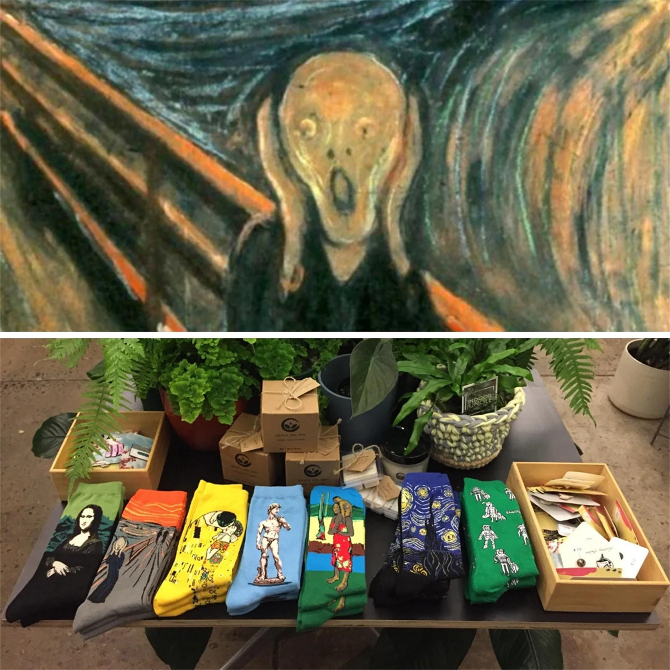 1 Pairs Men\'s Socks Mona Lisa Starry Night Art Oil Painting For Christmas Gift Harajuku Happy Funny Causal Cotton Socks