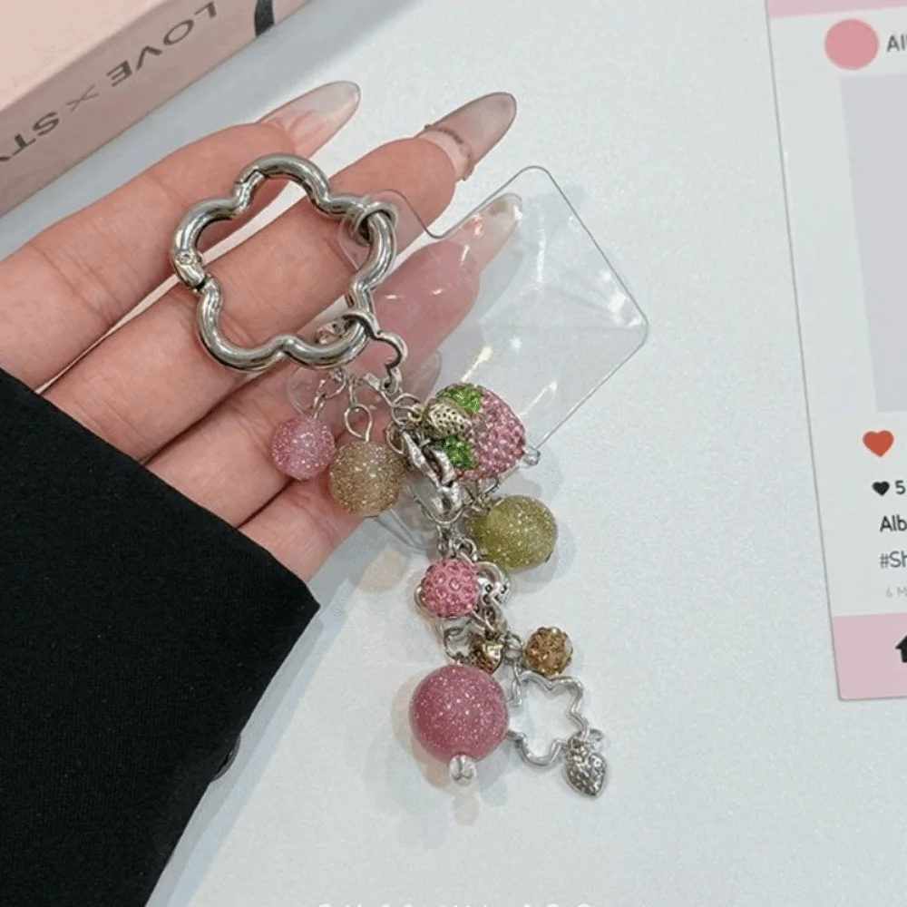 Lovely Alloy Strawberry Keychain Sparkling Pink Phone Charm Bead Flower Hardware Bag Charm Women