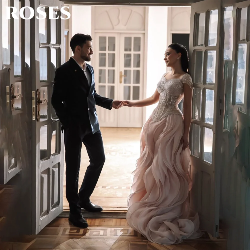 ROSES Blush Pink Party Dress Off Shoulder Evening Dress Beaded Bodice فساتين السهرة Wave Hem Gala Dress Customized image 2