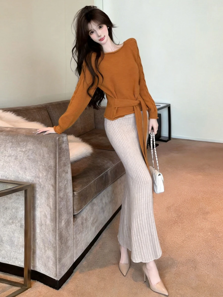 Autumn Winter Vintage Slim Fit Knitted Top And Skirt Set with Sling Strap Long Sleeve High Waist Design Fashionable Trendy Ou...