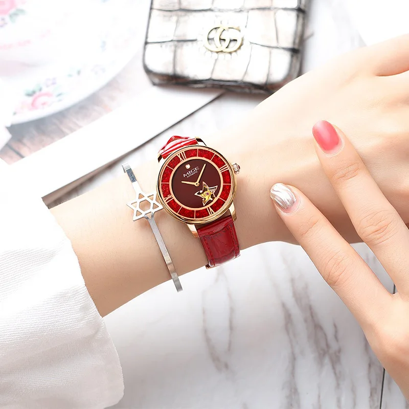 MIGE Automatic Mechanical Women Wristwatches Genuine Leather Strap Waterproof Fashion Watch For Women Sapphire